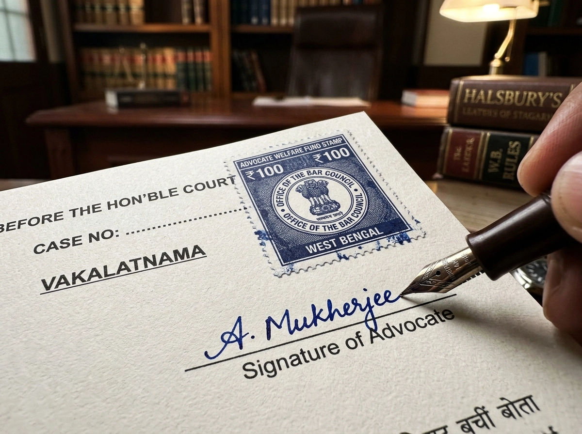 A lawyer signing a Vakalatnama document, essential for legal documentation in India.