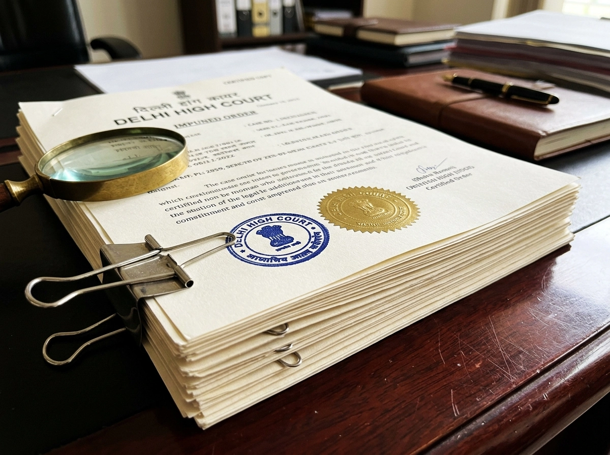 Delhi High Court legal documents with a magnifying glass, essential for litigation support and court procedures.