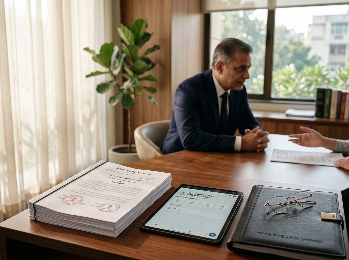 Delhi High Court lawyer reviewing legal documentation during a client consultation for litigation support.