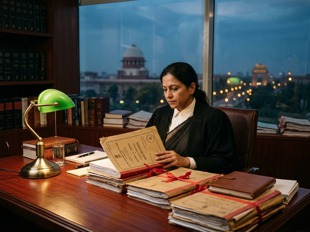 A lawyer reviewing an SLP file, reflecting on Supreme Court of India lawyer charges and legal procedures.