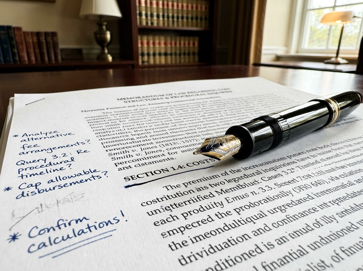 Legal document on court fee structure India with a fountain pen and handwritten notes on litigation expenses.