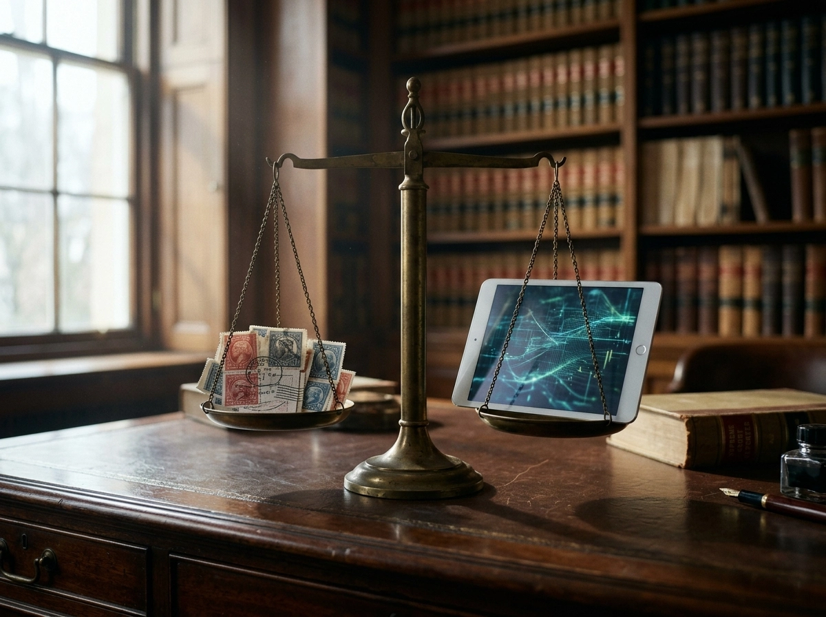 Scales of justice balancing stamps and a digital tablet, representing Supreme Court vs High Court litigation cost.
