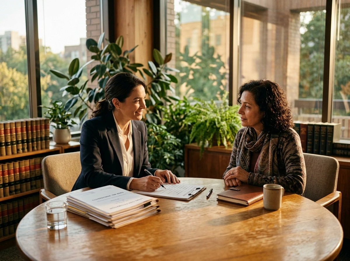 A lawyer discussing litigation expenses and Supreme Court lawyer charges with a client in an office.
