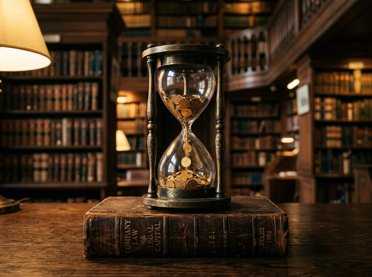 An hourglass filled with coins on a law book, representing litigation costs management for legal counsel.