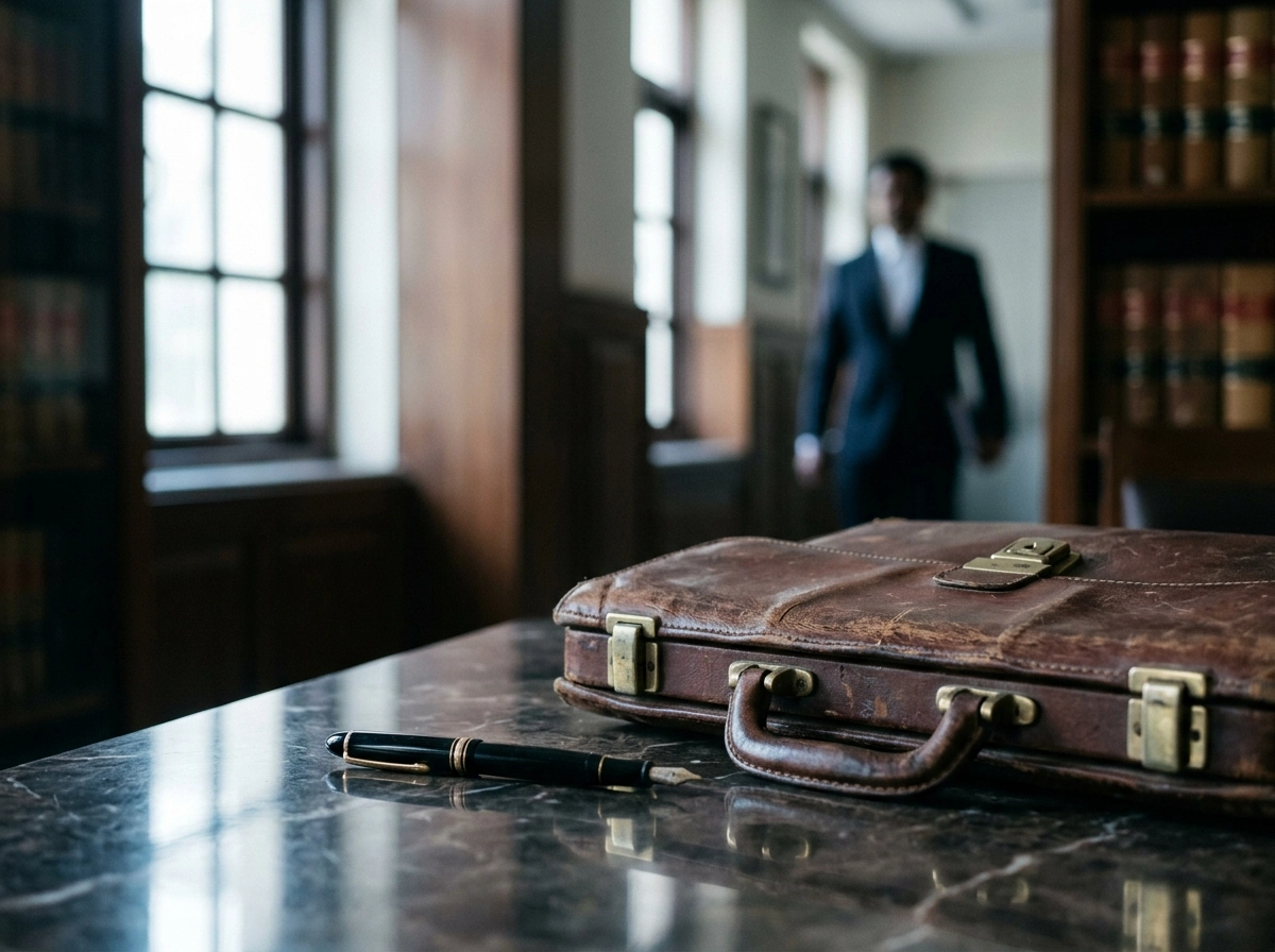 A leather briefcase and fountain pen on a desk, representing the advocate vetting process for Delhi High Court.