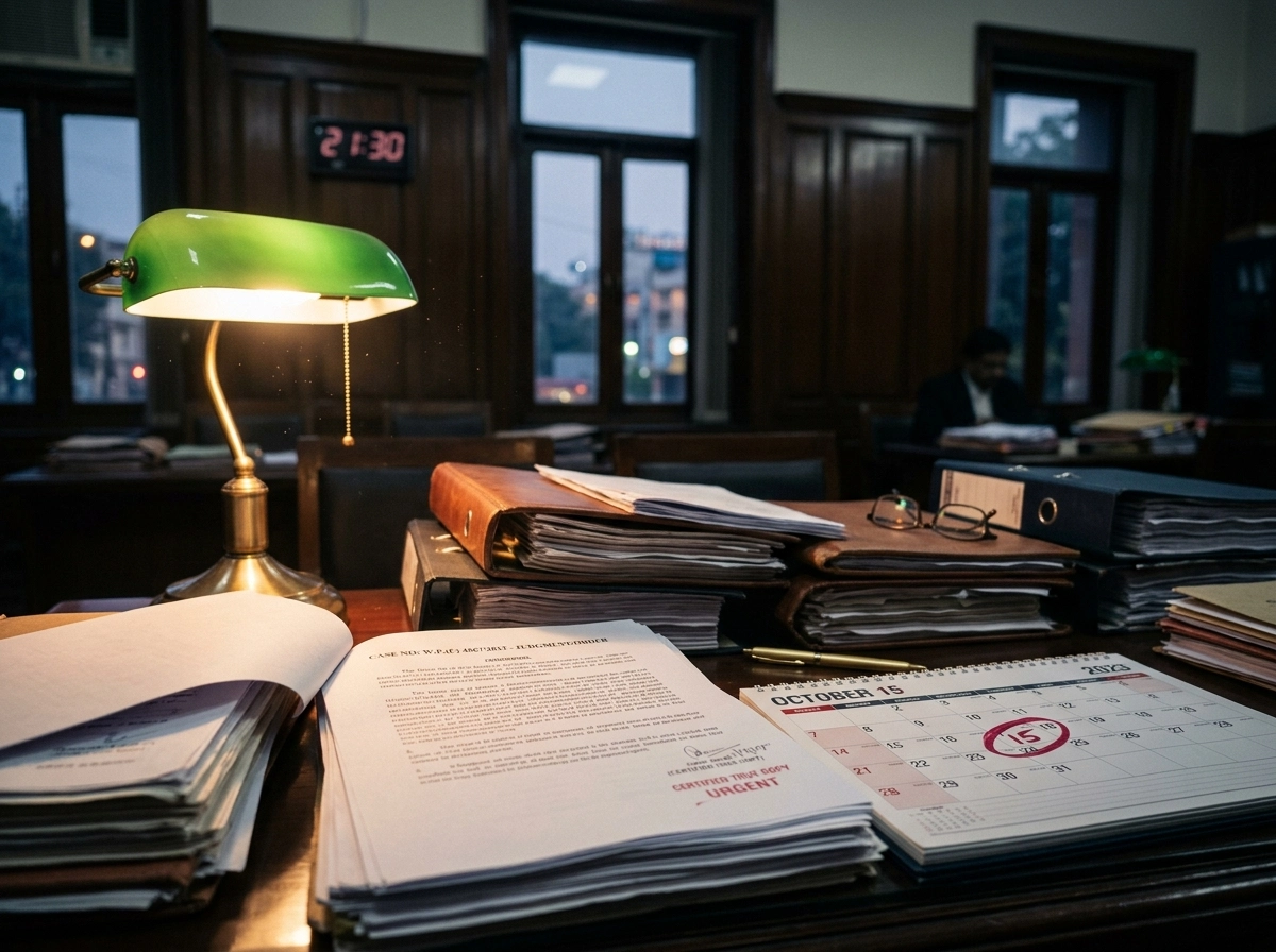 Legal documents and a calendar on a desk, highlighting Delhi High Court litigation and case strategy planning.