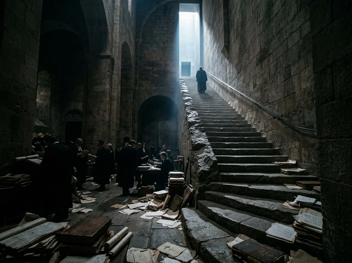 Lawyers in a stone hall preparing for the Special Leave Petition process in India.