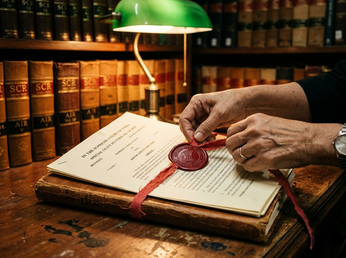A Supreme Court advocate on record prepares a Special Leave Petition with official seals and legal documents.