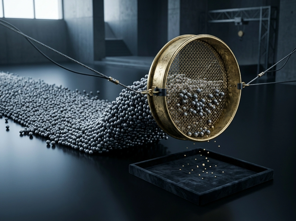 A sieve filtering metal balls, representing the selective Special Leave Petition process in the Supreme Court.