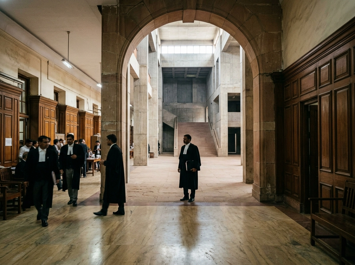 Lawyers in robes walking through a courthouse, highlighting legal representation in Delhi.