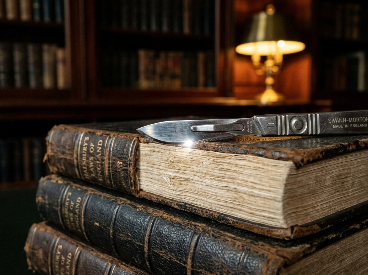 A scalpel on old law books, symbolizing precise legal counsel in Delhi High Court litigation.