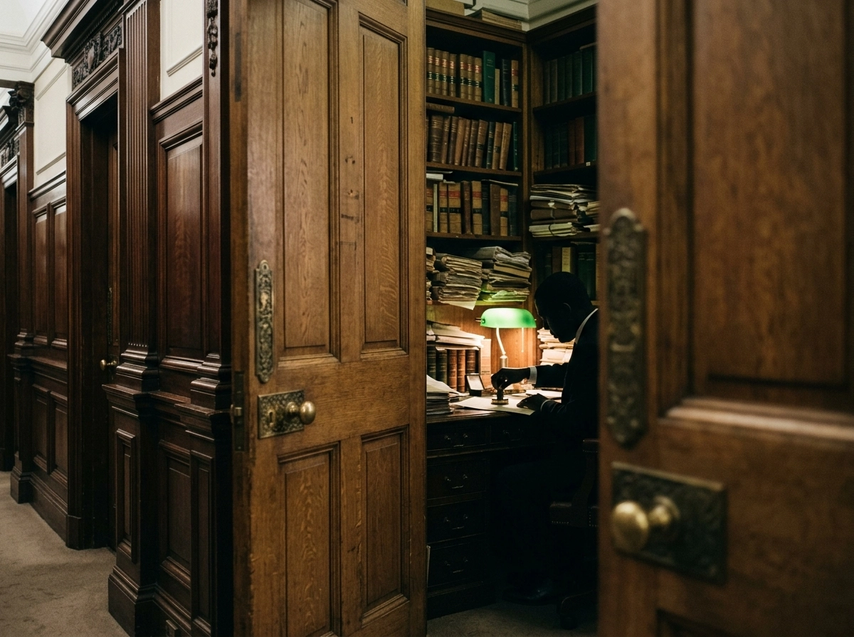 A lawyer working in a library, highlighting the professional fees for Supreme Court advocates.