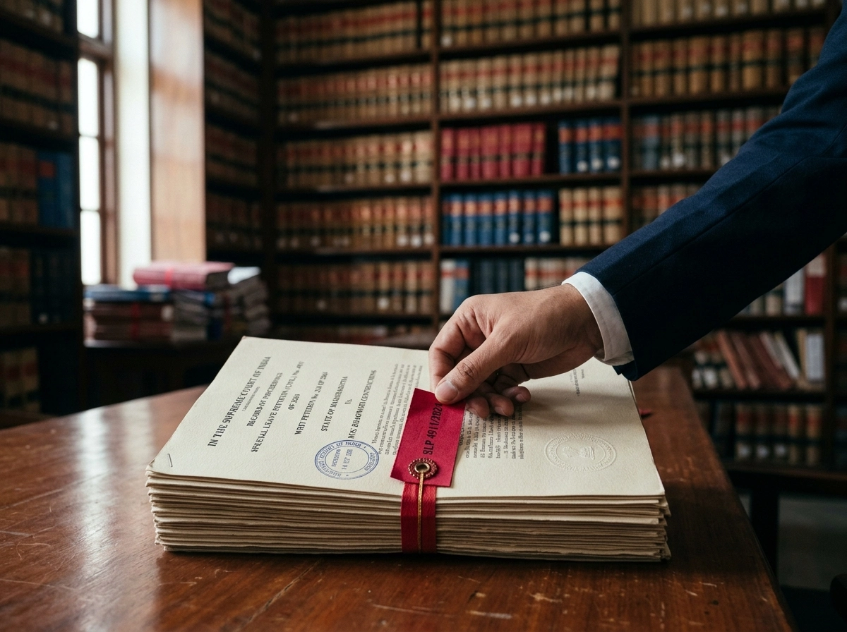 Lawyer handling legal documents for the cost of filing SLP in India at the Supreme Court.