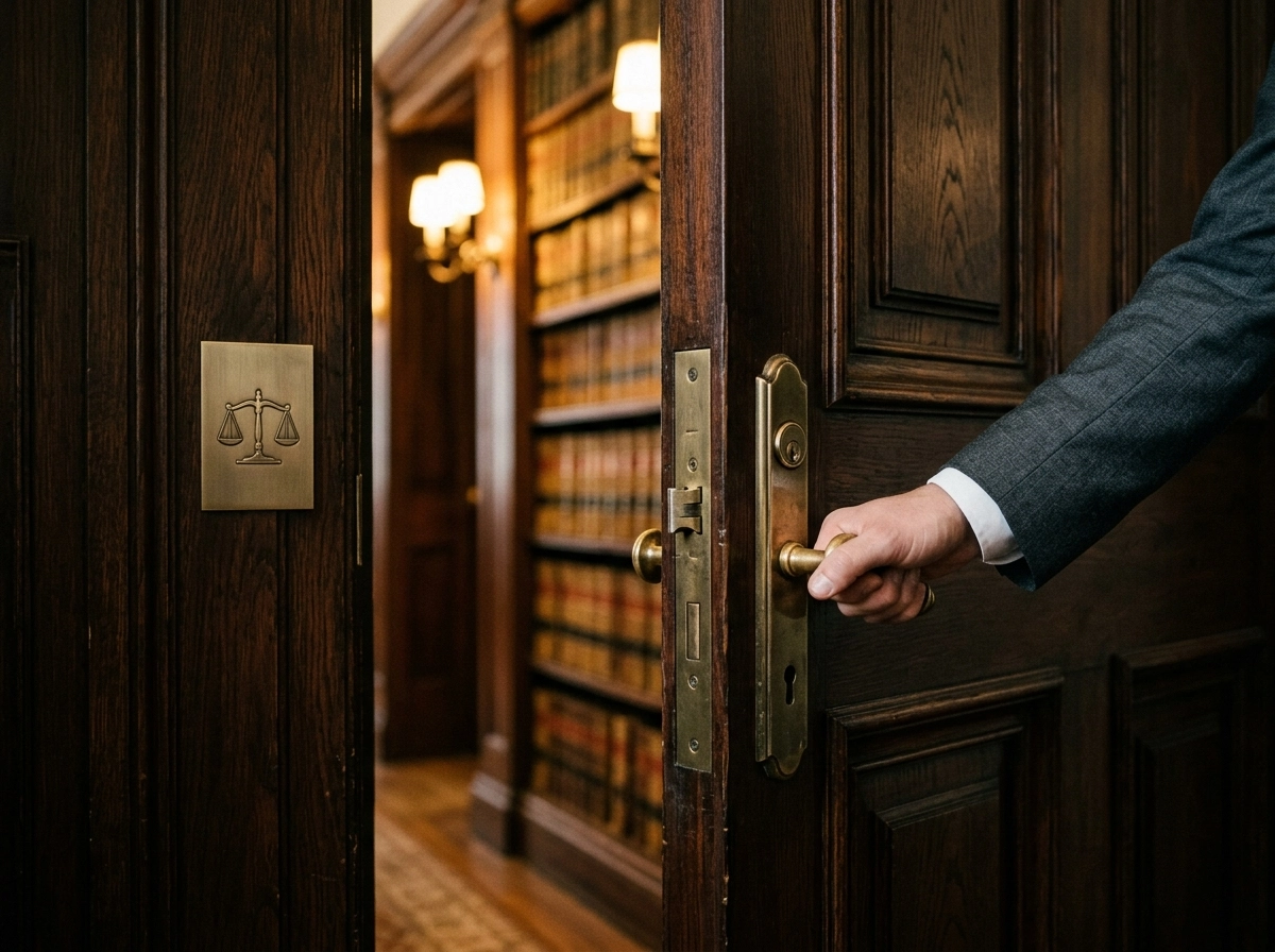 A hand opening a law library door, symbolizing the transition from Delhi High Court litigation to the Supreme Court.