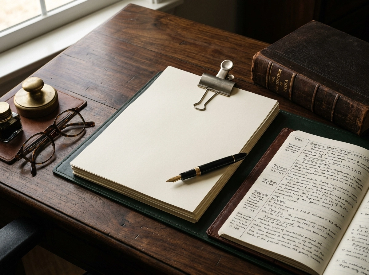 A desk with a Special Leave Petition document, essential for the Supreme Court appeal process in India.