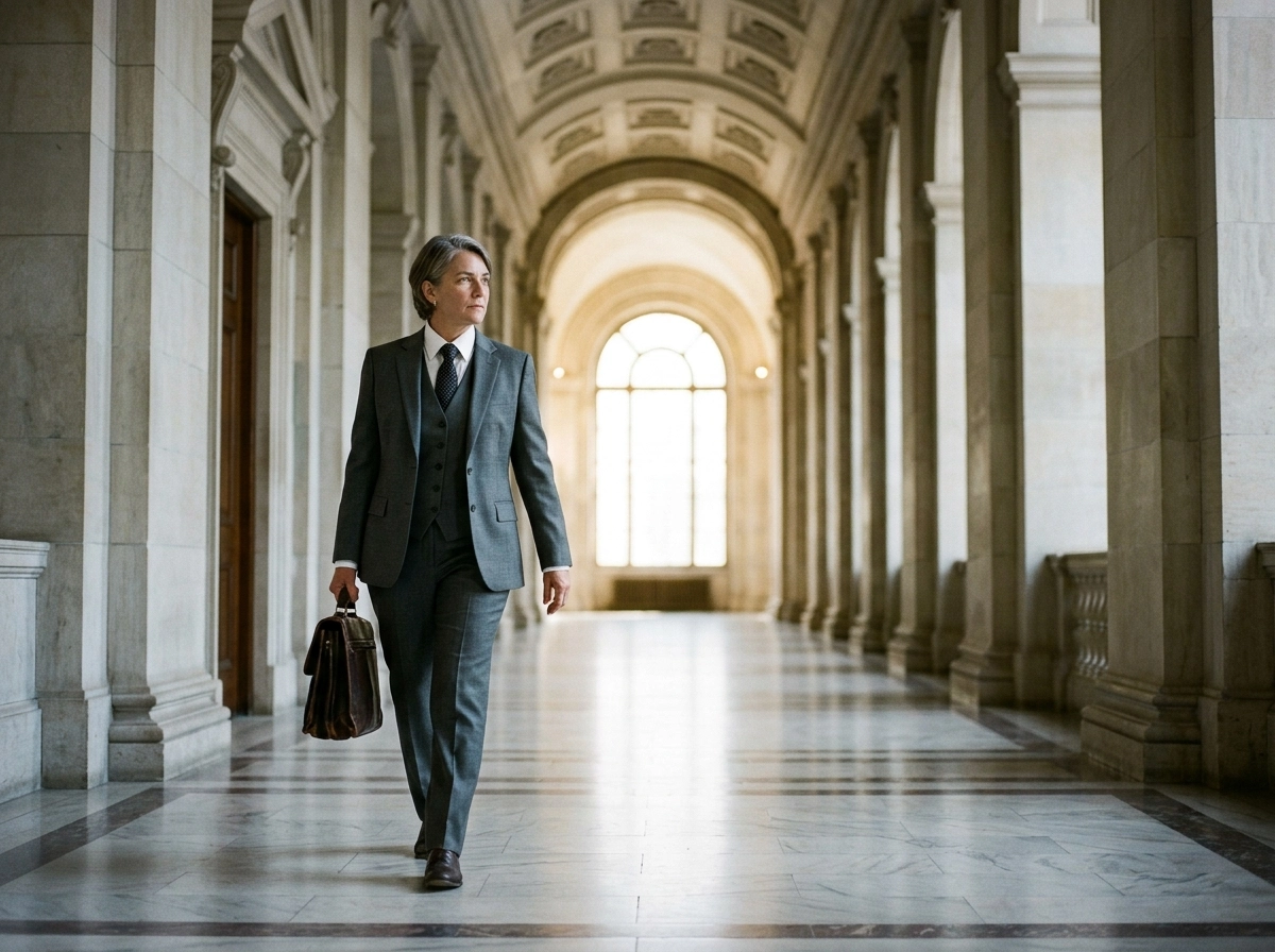A professional Supreme Court advocate walking through a grand courthouse hallway.