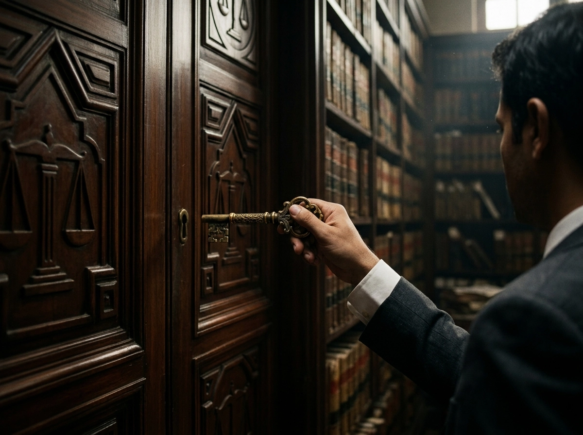 A lawyer using a key to unlock a library, representing Advocate on Record requirements.