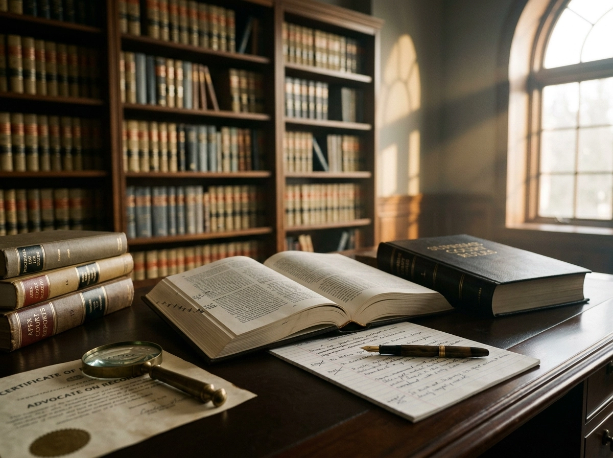 Law books and an Advocate on Record certificate on a desk for Supreme Court filing research.