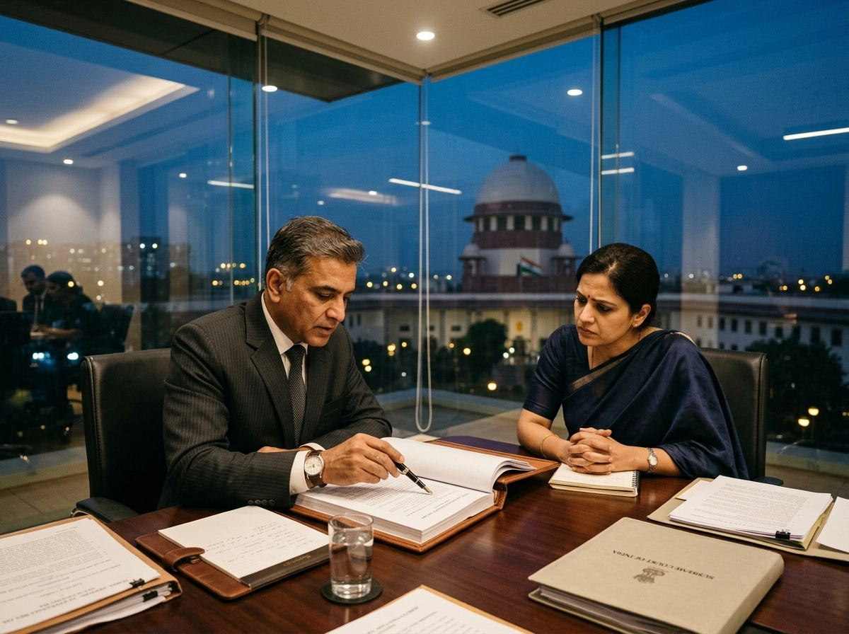 Lawyers reviewing Supreme Court filing documents with the court building in the background.
