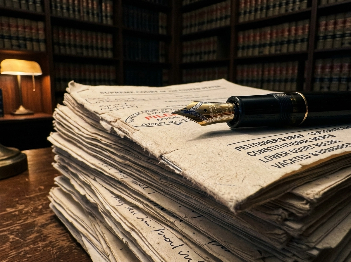 Legal documents and fountain pen for Indian judicial system appeals.