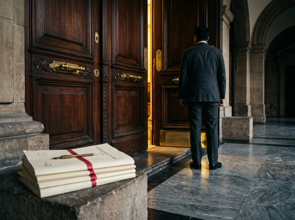 A lawyer standing before court doors, representing Supreme Court lawyer fees and litigation expenses.