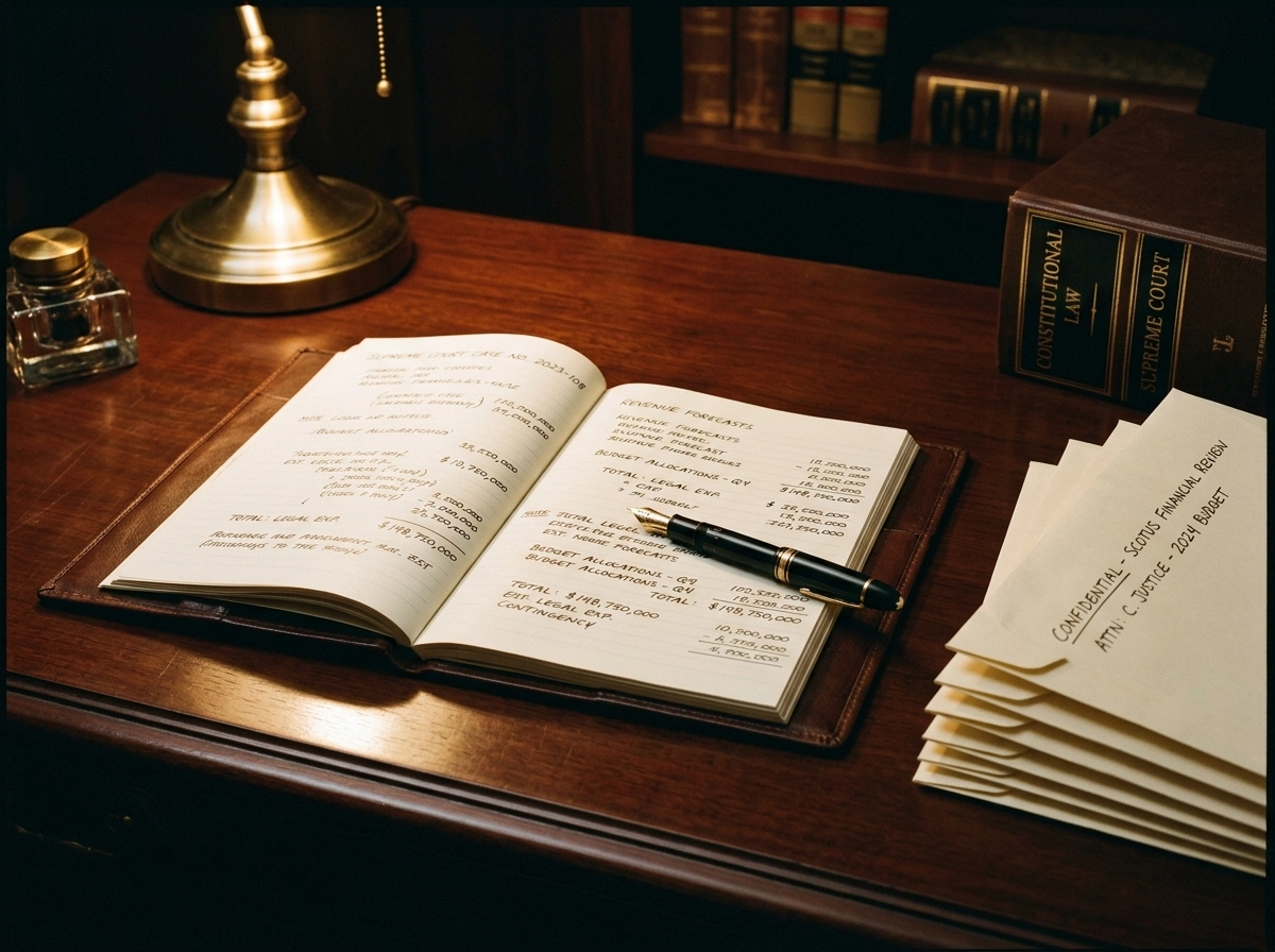 Notebook showing Supreme Court advocate fees and legal costs for litigation budget planning.