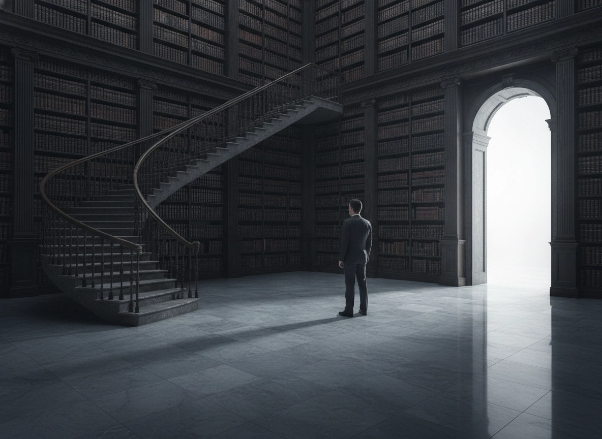 A Supreme Court Advocate standing in a library, preparing for legal strategy.