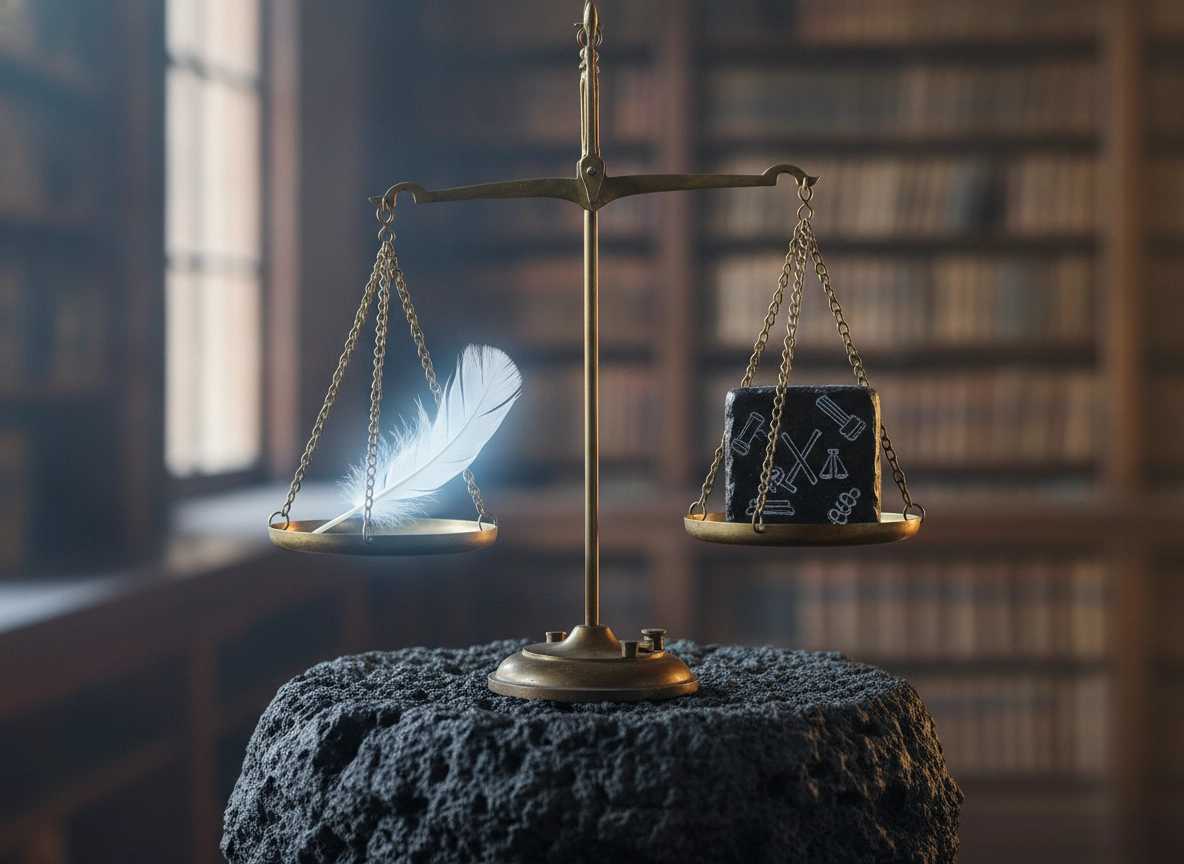 Scales of justice with a feather and stone, symbolizing expert judicial review and legal defense.