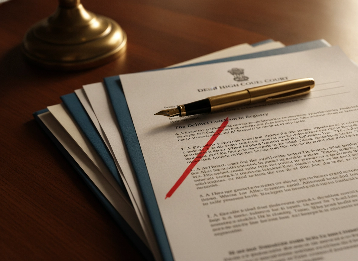 A fountain pen rests on a Delhi High Court writ petition document for legal review.