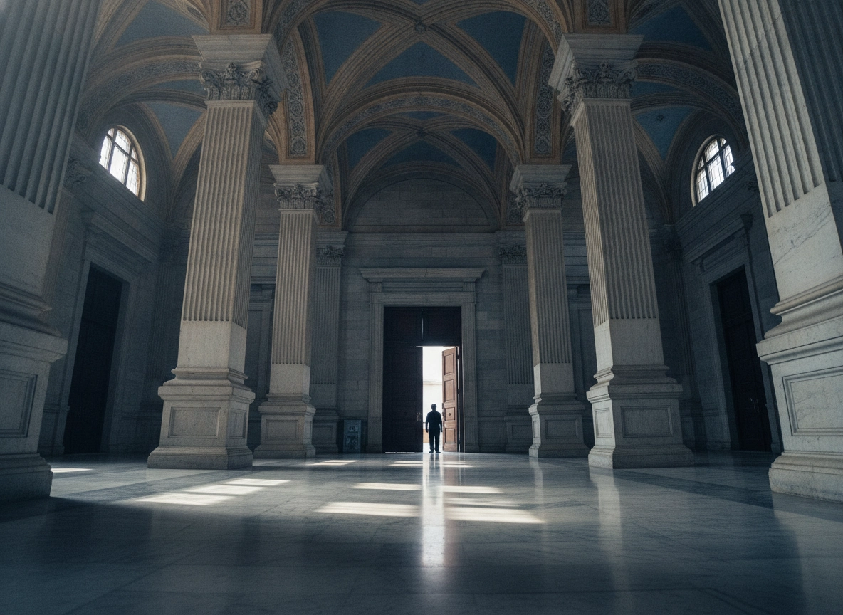 A person standing in a grand courthouse hall, representing the Delhi High Court litigation process.
