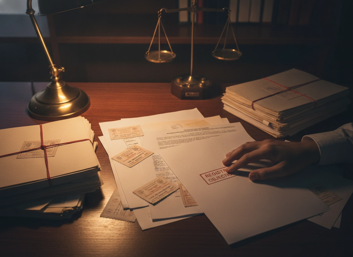 Hand stamping registry objections on legal files, highlighting common Delhi High Court filing requirements.