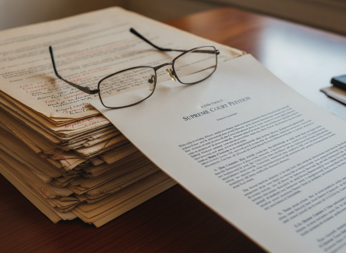 Glasses resting on a Supreme Court petition, essential for how to file SLP in Supreme Court of India.