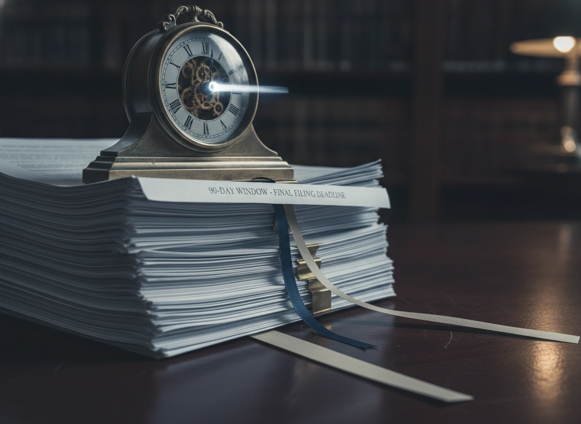 A clock on legal files representing the SLP filing deadline for Supreme Court appeals.