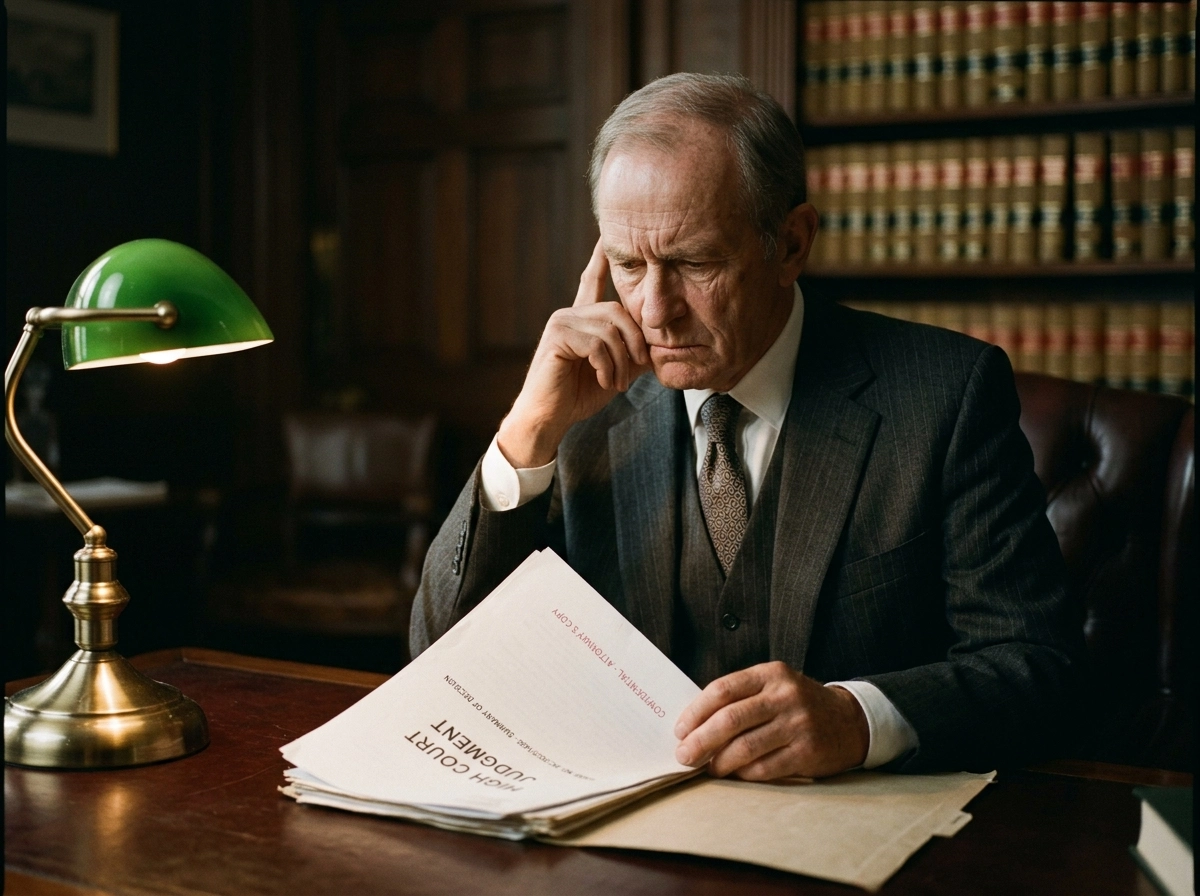 A Delhi High Court lawyer reviewing a judgment, preparing for a Supreme Court legal strategy transition.