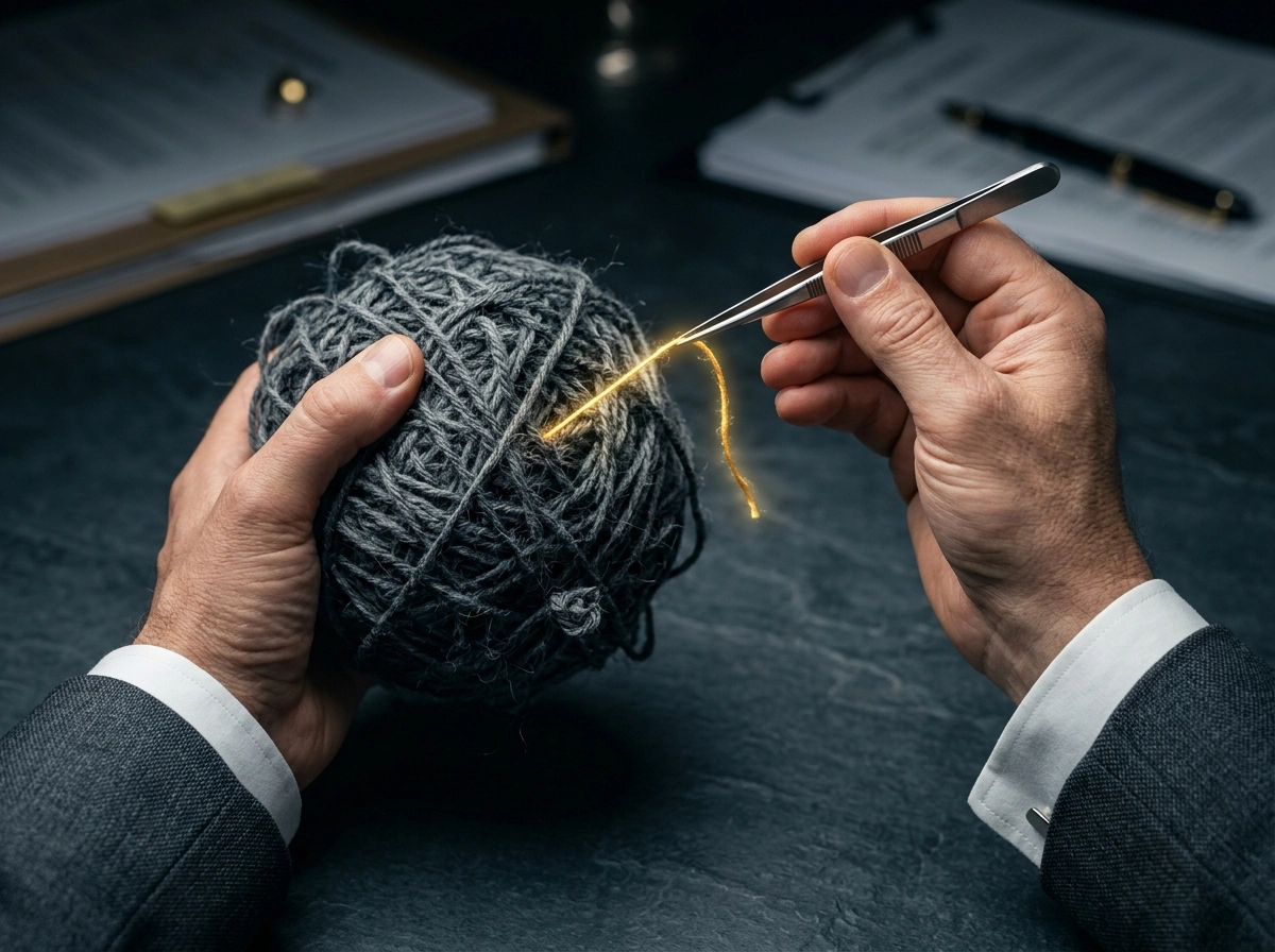 A Delhi High Court lawyer uses tweezers to extract a golden thread from a complex yarn ball.