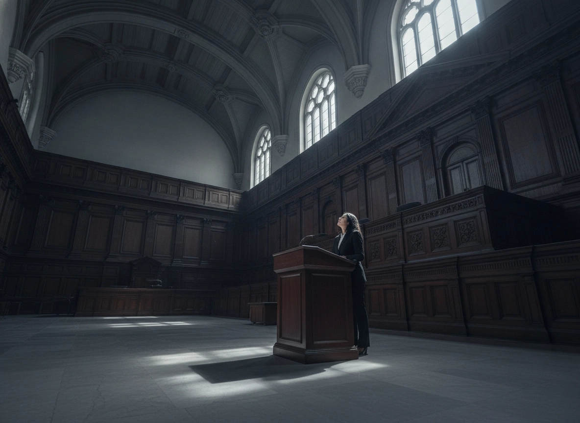 An advocate in Supreme Court New Delhi stands alone in a grand, empty courtroom.