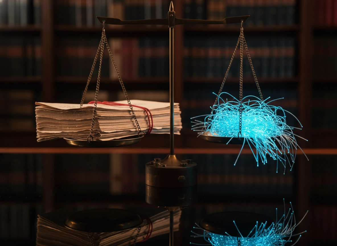 Scales balancing paper files and digital data, representing modern litigation strategy in Delhi.