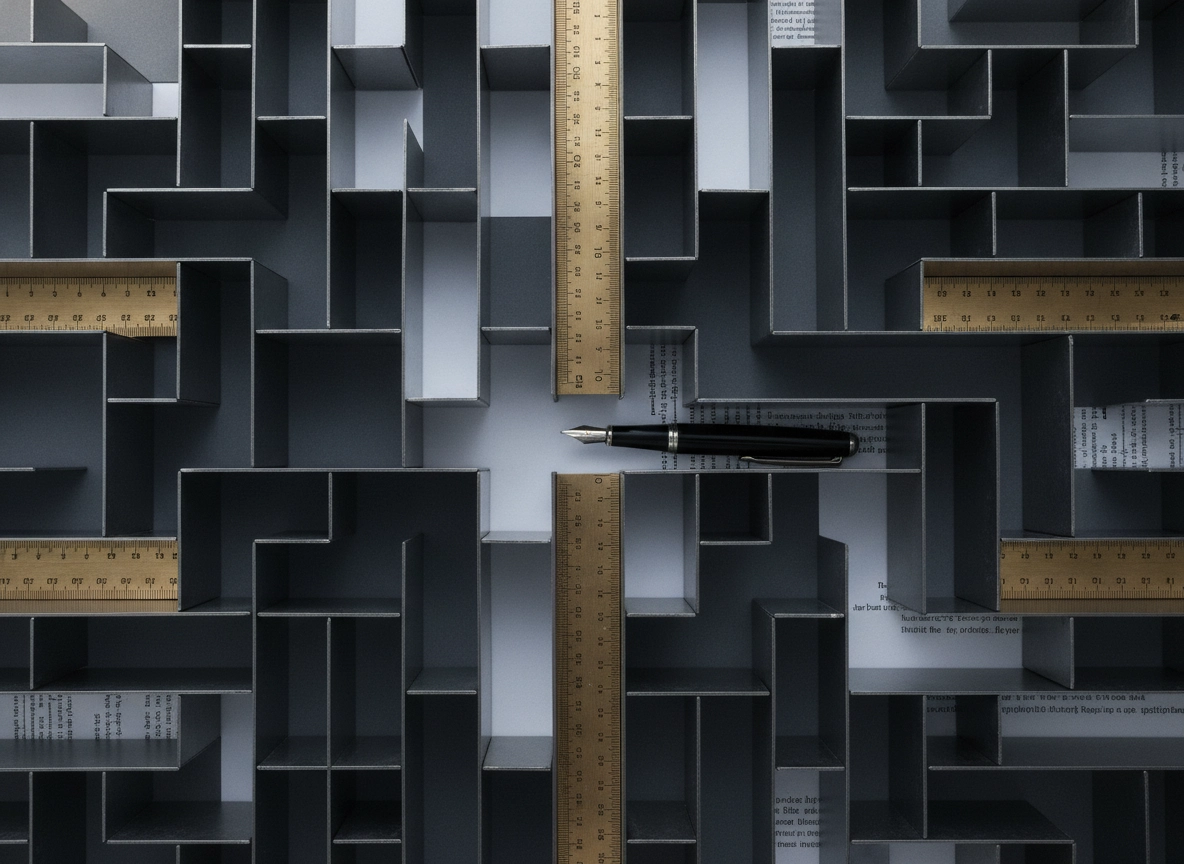 A maze with rulers and a pen, representing high court registry hurdles and complex litigation in Delhi.