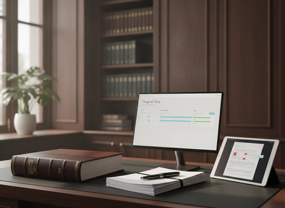 A law office desk with digital case management tools, essential for a Delhi High Court advocate.