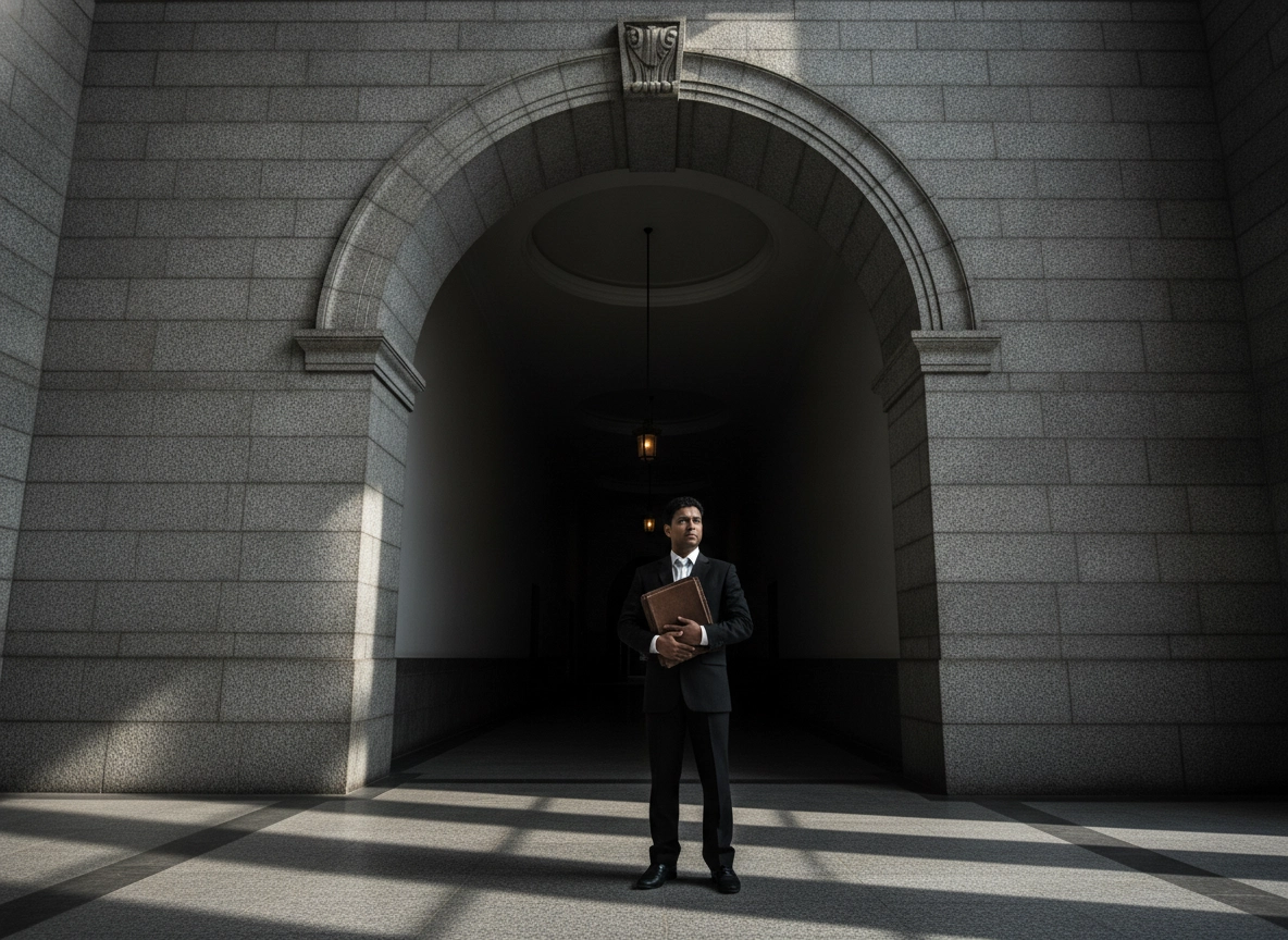 A lawyer standing in a hallway, representing the need for hiring a Supreme Court lawyer to avoid case delays.