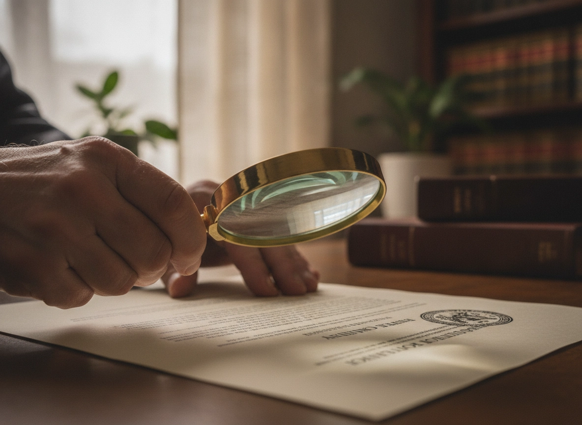 Lawyer using a magnifying glass to check for legal filing errors in a Supreme Court transfer petition.