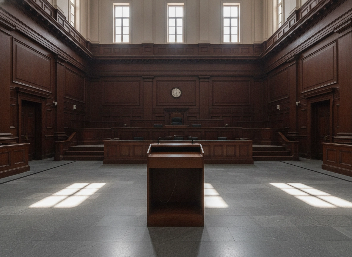 An empty courtroom where a Delhi High Court lawyer would present legal strategy.