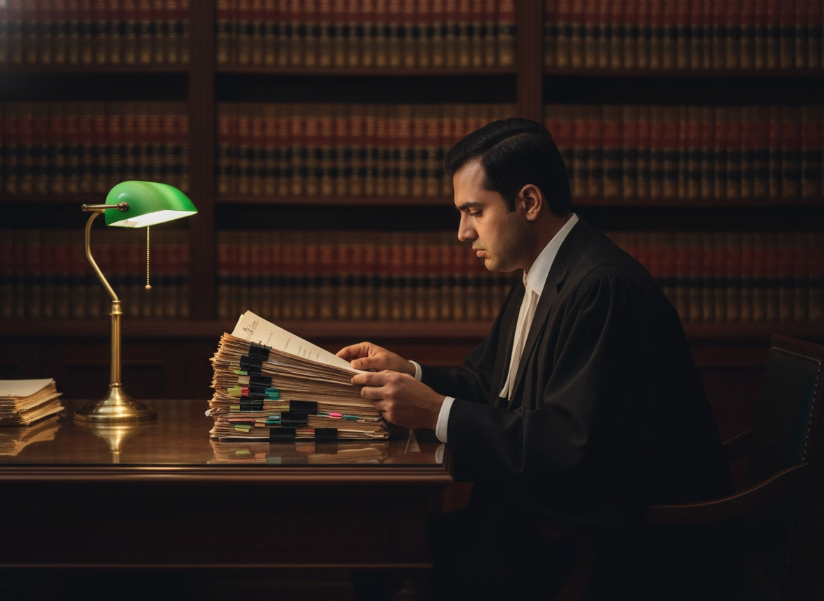 A Supreme Court advocate in India reviewing legal documents at a desk in a library.