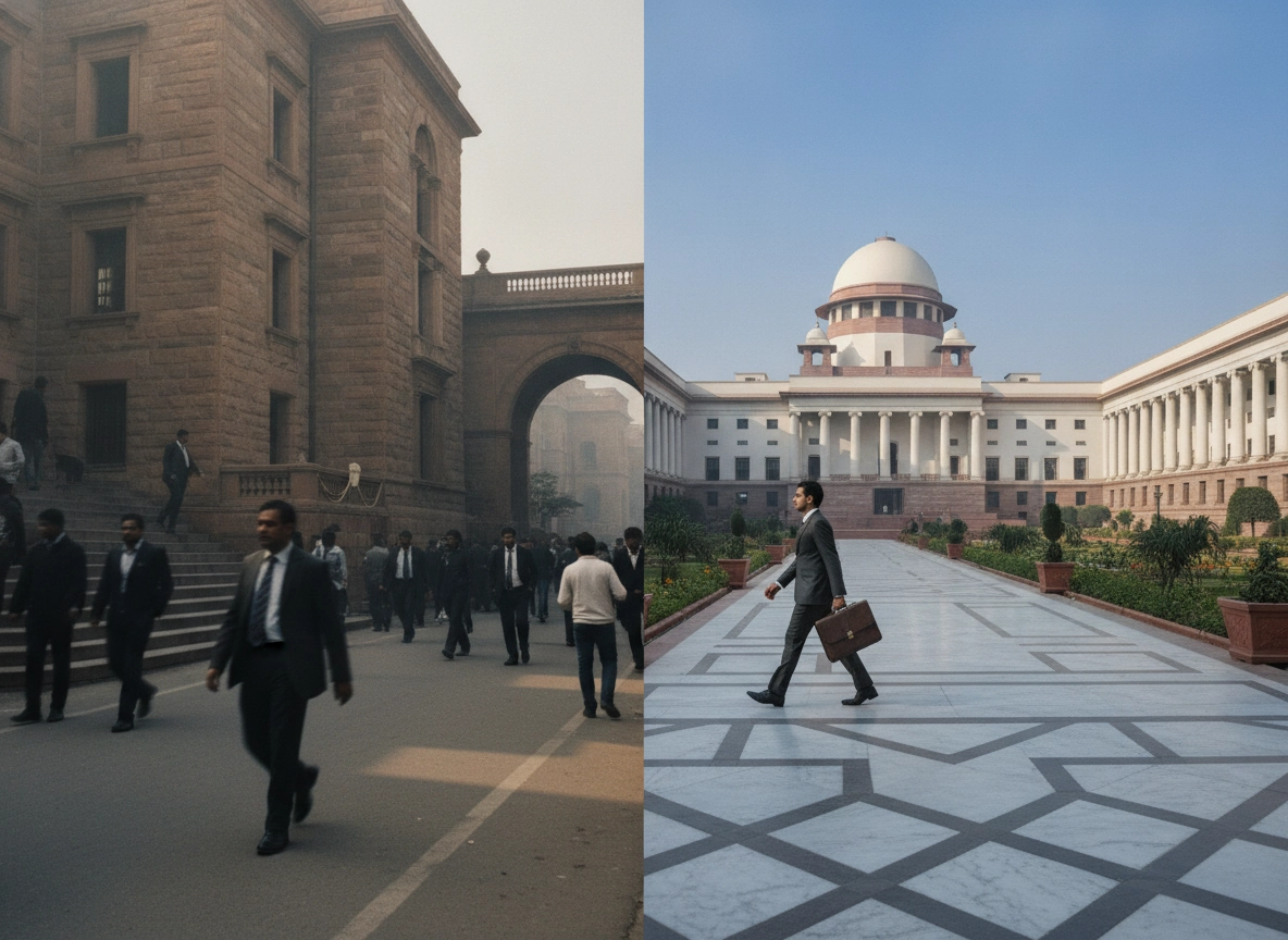 A lawyer walking between the Delhi High Court and the Supreme Court of India.