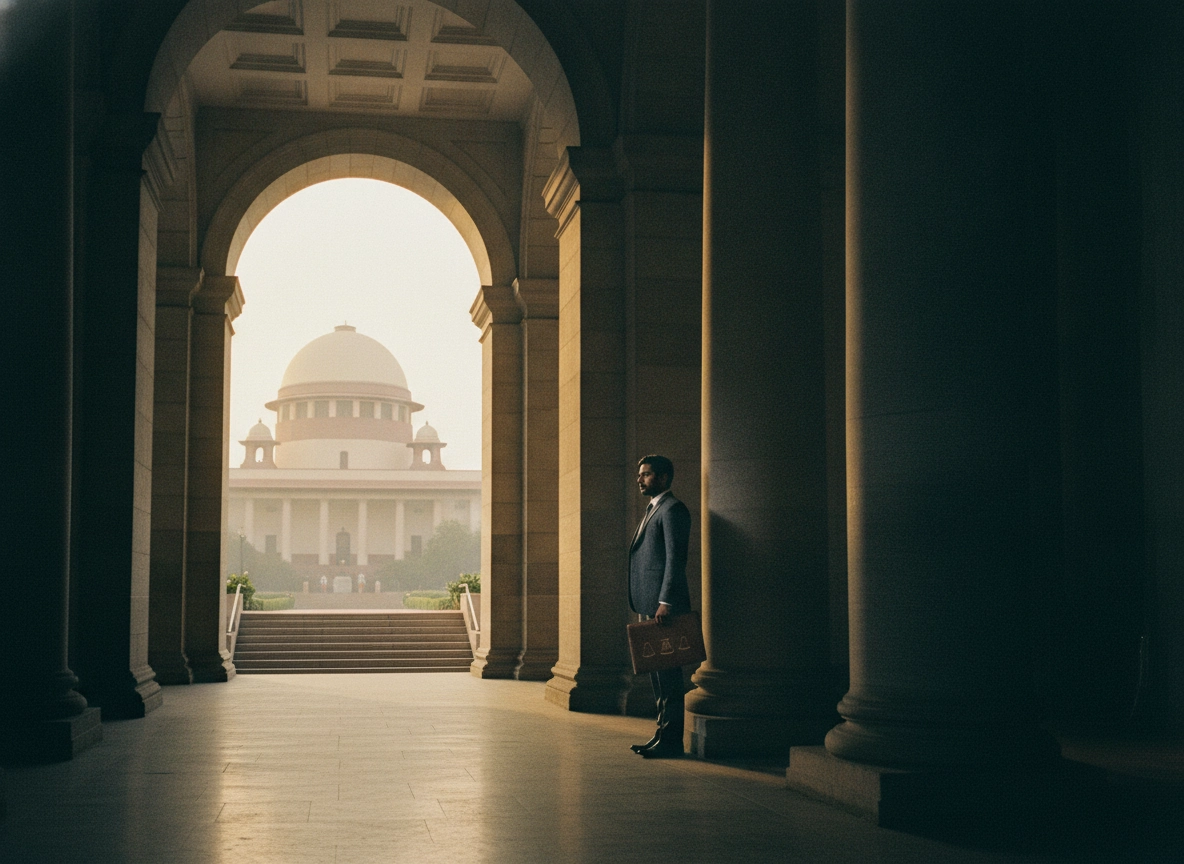Lawyer standing at Supreme Court, following registry protocol for filing petitions in India.