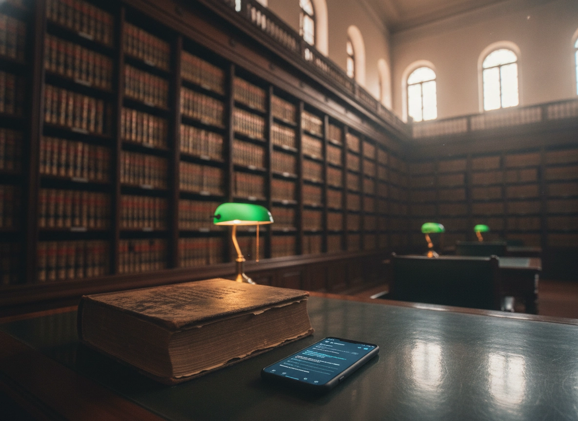 A law library desk with a book and phone, ideal for research by the best lawyers in Delhi Supreme Court.