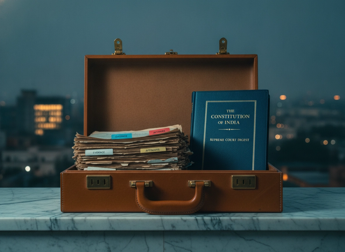 Briefcase with legal documents and Constitution of India for a Supreme Court advocate in Delhi.