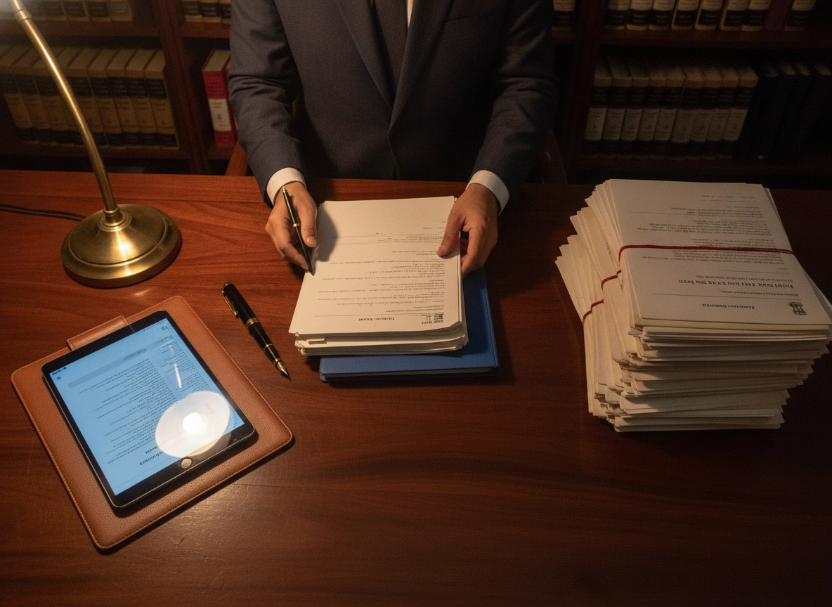 A lawyer managing Special Leave Petition process paperwork at a desk.