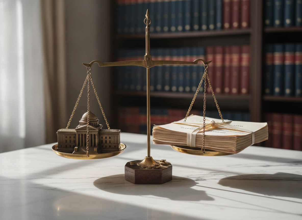 Scales of justice balancing a court building and legal filings for a Supreme Court advocate.