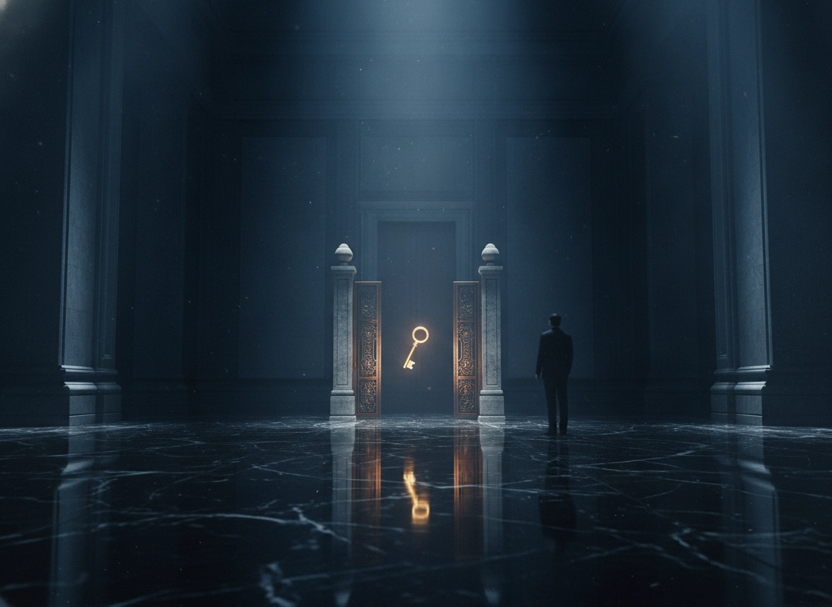 A man stands before a glowing key, symbolizing hiring a Supreme Court advocate for complex legal case transitions.